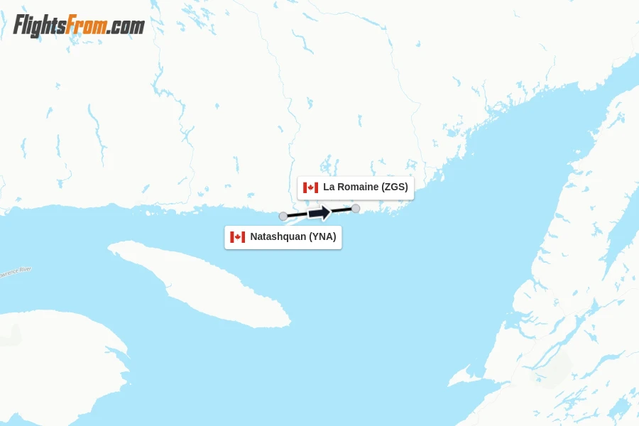 Flights from Natashquan to La Romaine route map