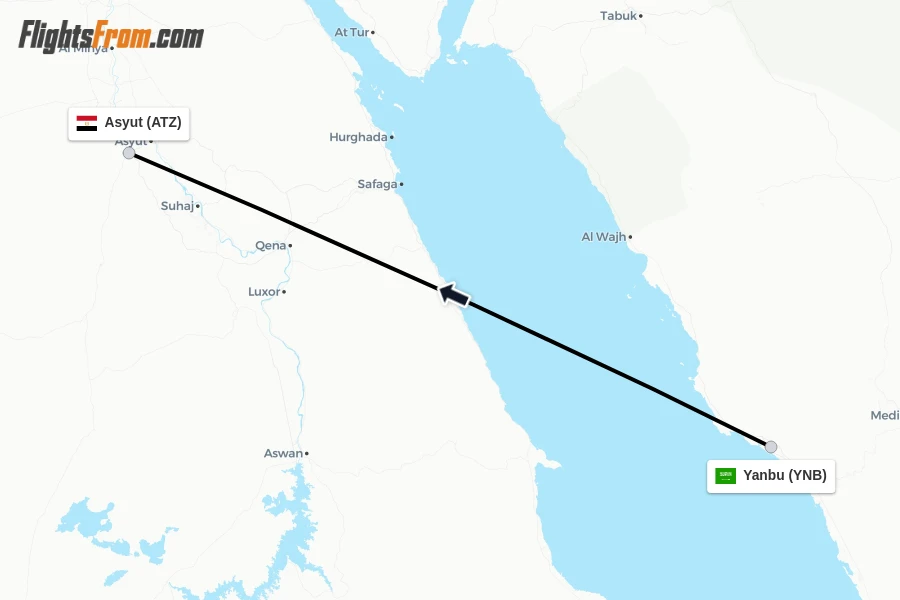 Flights from Yanbu to Asyut route map