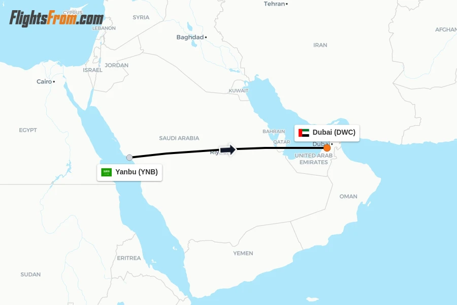 Flights from Yanbu to Dubai route map