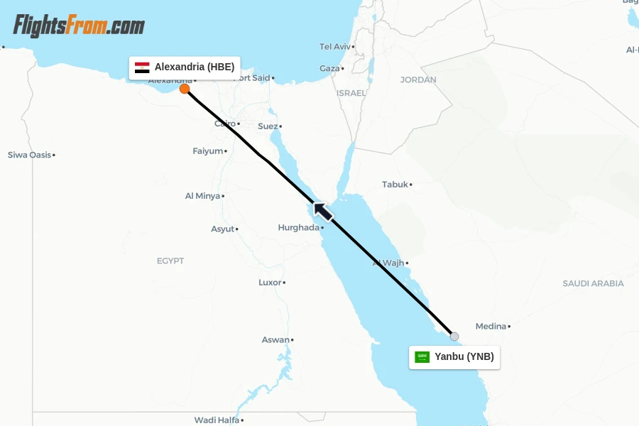 Flights from Yanbu to Alexandria route map