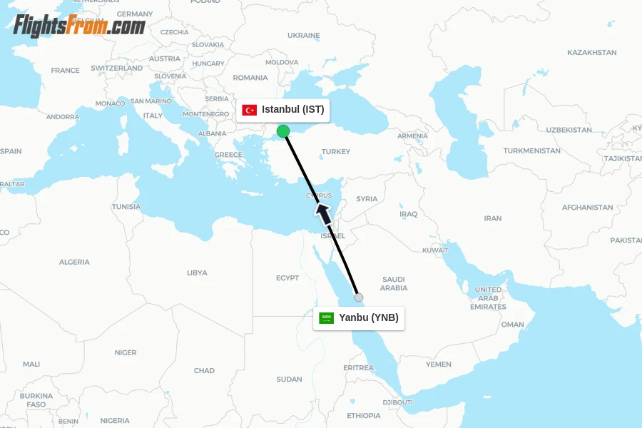 Flights from Yanbu to Istanbul route map