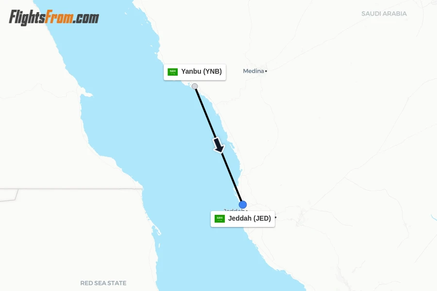 Flights from Yanbu to Jeddah route map