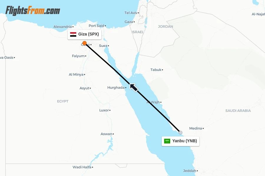 Flights from Yanbu to Giza route map