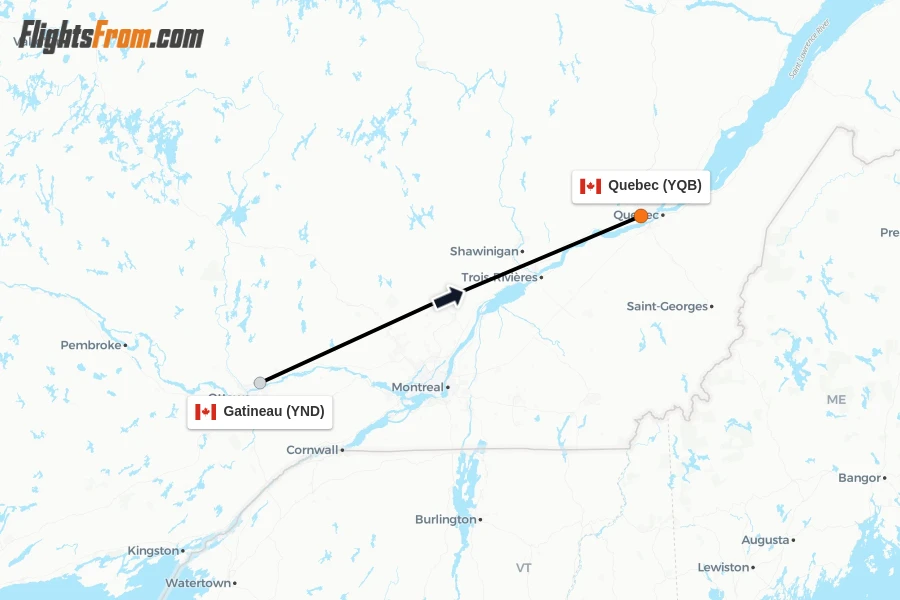 Flights from Gatineau to Quebec route map