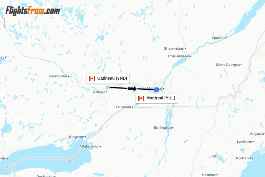 Flights from Gatineau to Montreal route map