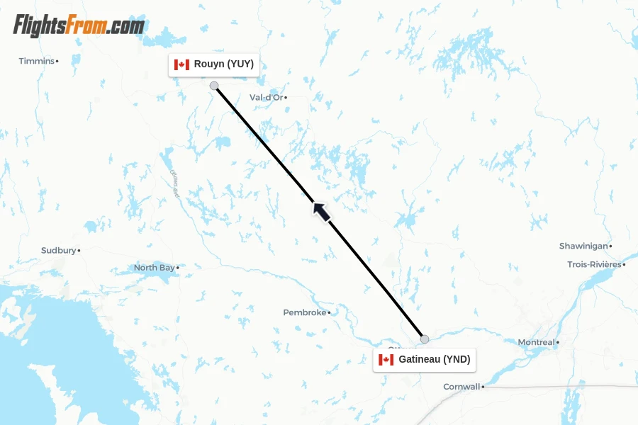 Flights from Gatineau to Rouyn route map