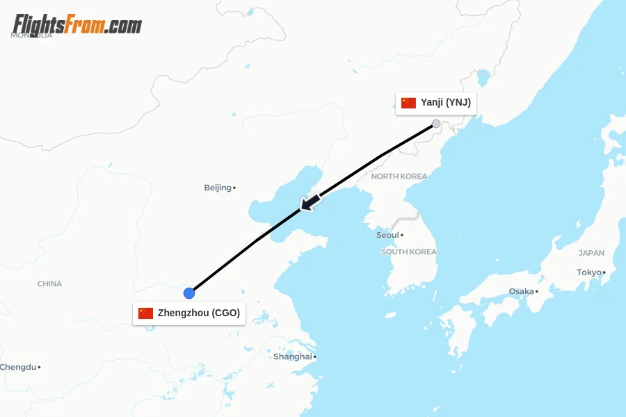 Flights from Yanji to Zhengzhou route map