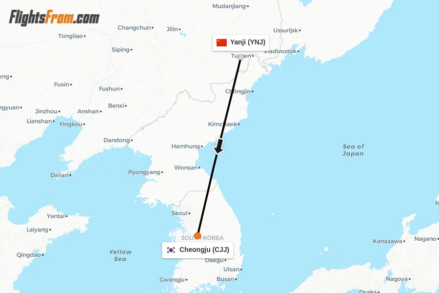 Flights from Yanji to Cheongju route map
