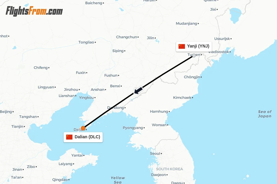 Flights from Yanji to Dalian route map