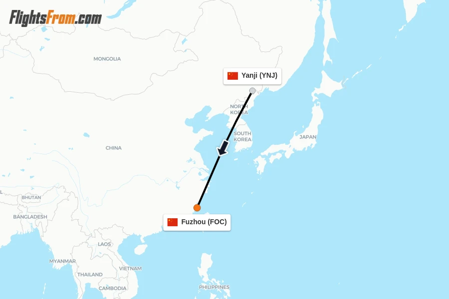 Flights from Yanji to Fuzhou route map