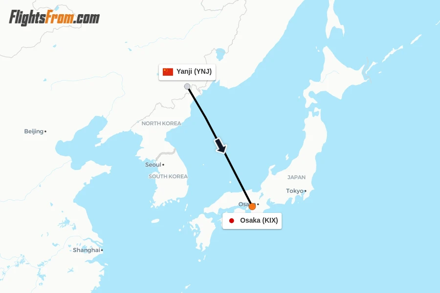 Flights from Yanji to Osaka route map