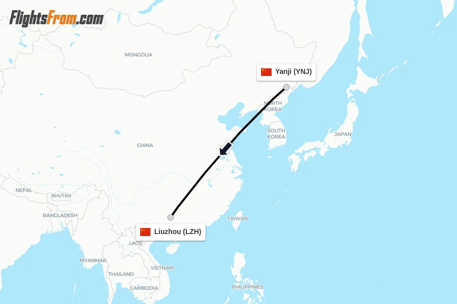 Flights from Yanji to Liuzhou route map