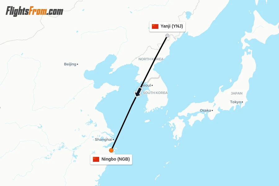 Flights from Yanji to Ningbo route map