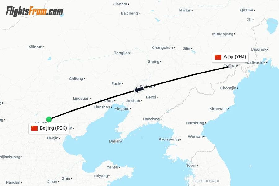Flights from Yanji to Beijing route map