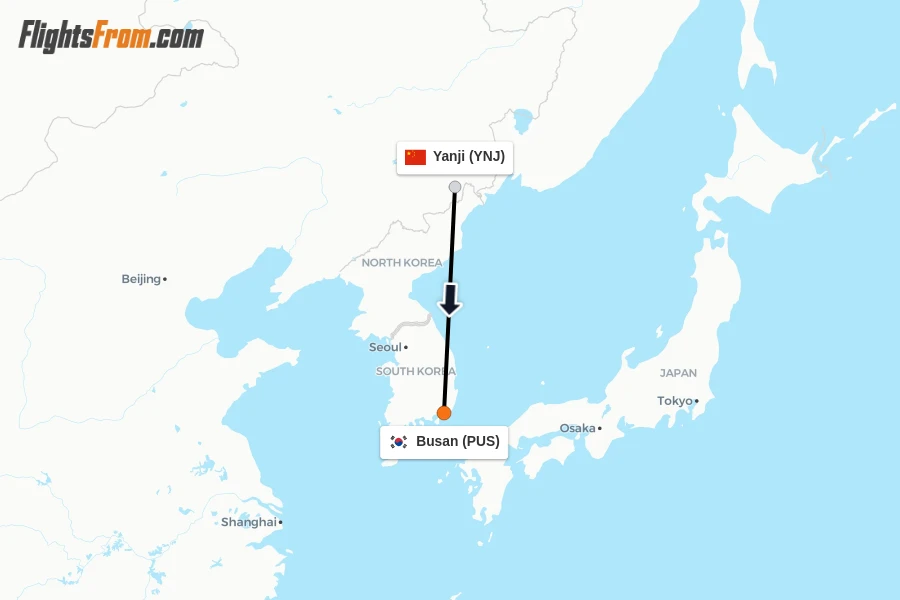 Flights from Yanji to Busan route map
