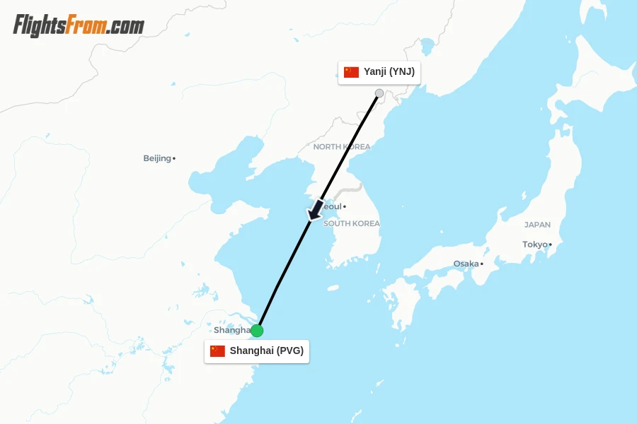 Flights from Yanji to Shanghai route map