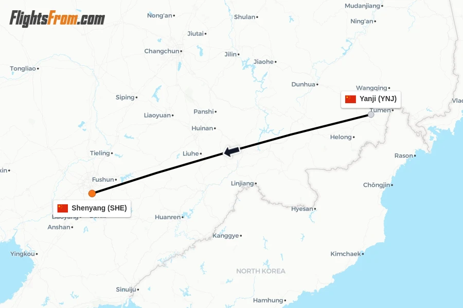 Flights from Yanji to Shenyang route map
