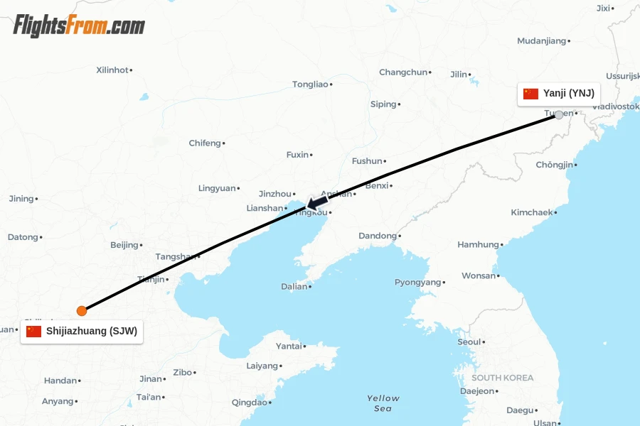 Flights from Yanji to Shijiazhuang route map