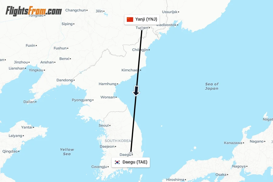 Flights from Yanji to Daegu route map
