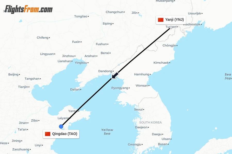 Flights from Yanji to Qingdao route map