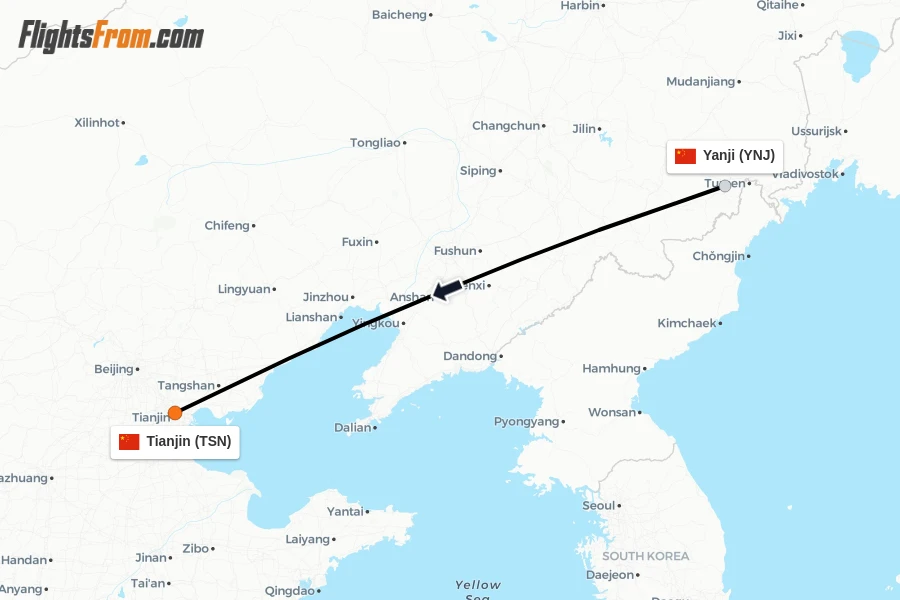 Flights from Yanji to Tianjin route map