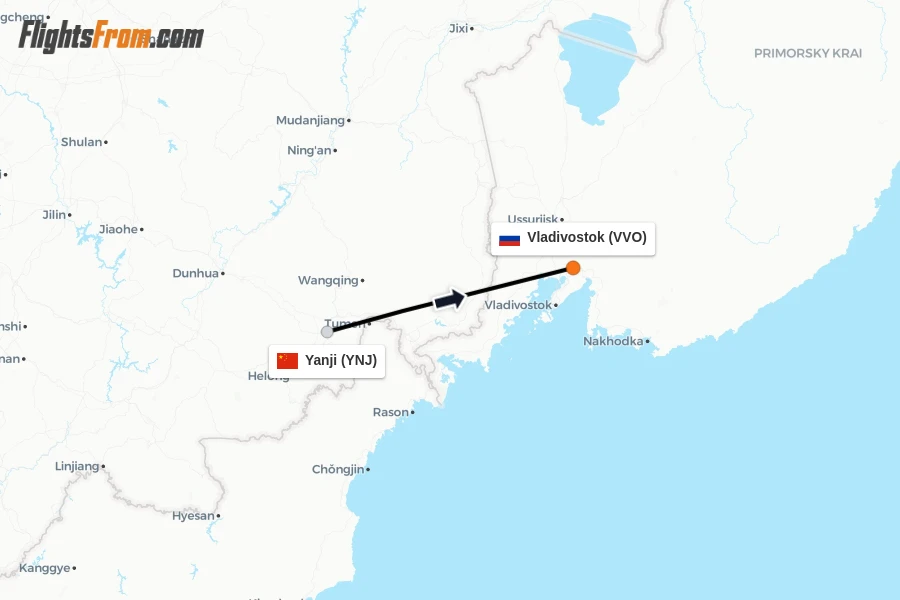Flights from Yanji to Vladivostok route map