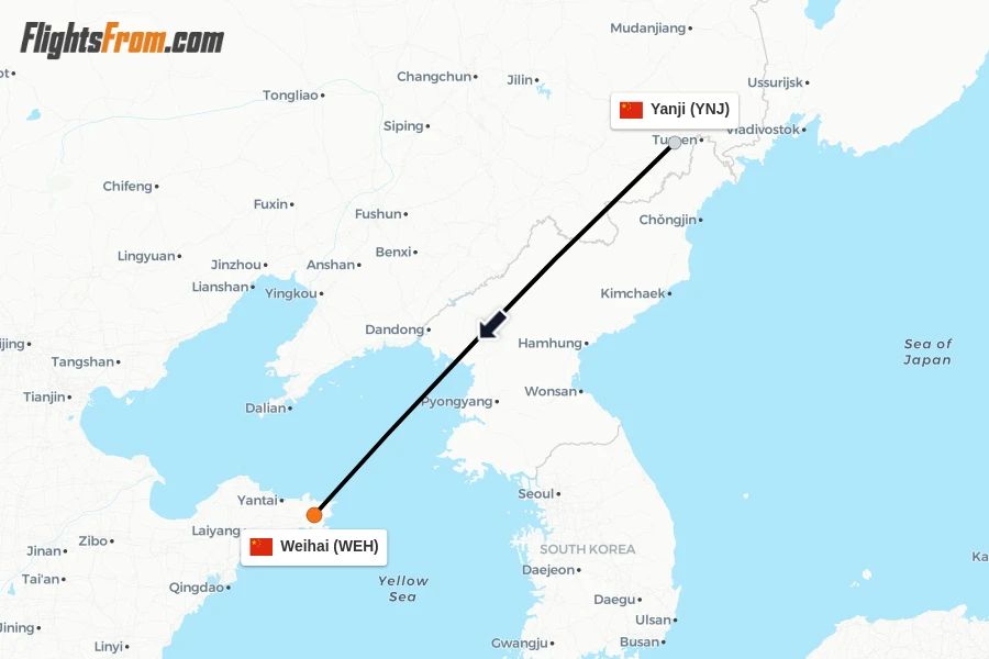 Flights from Yanji to Weihai route map
