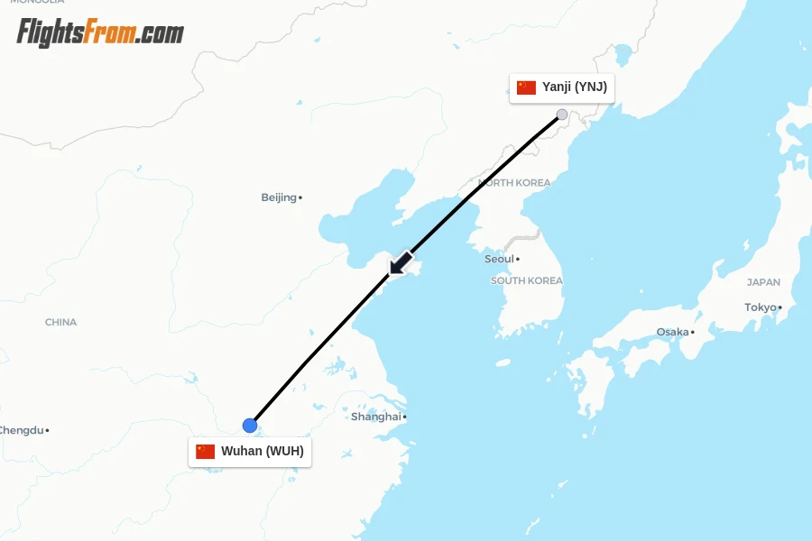 Flights from Yanji to Wuhan route map