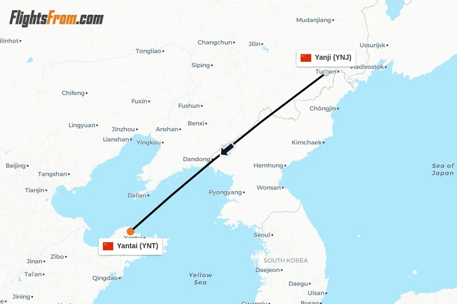 Flights from Yanji to Yantai route map