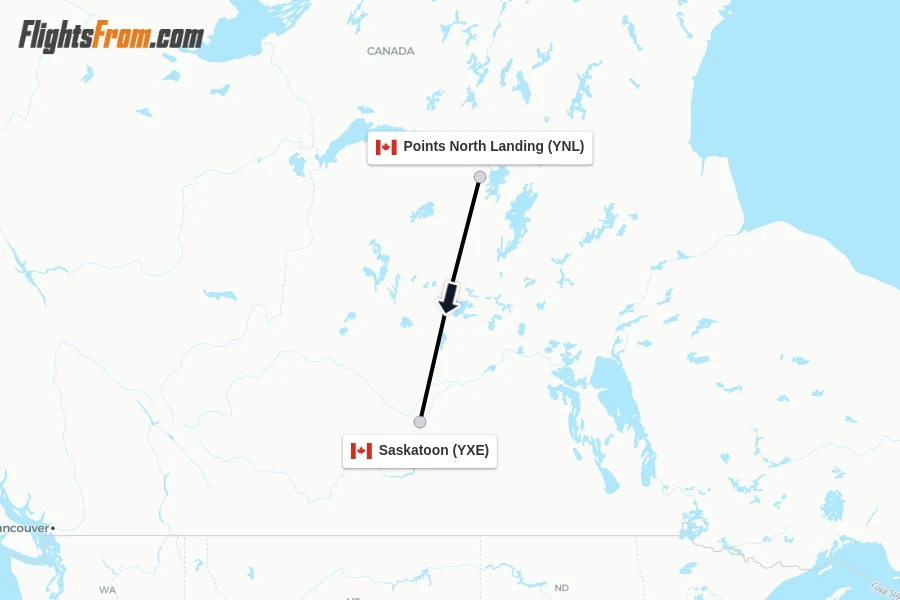 Flights from Points North Landing to Saskatoon route map