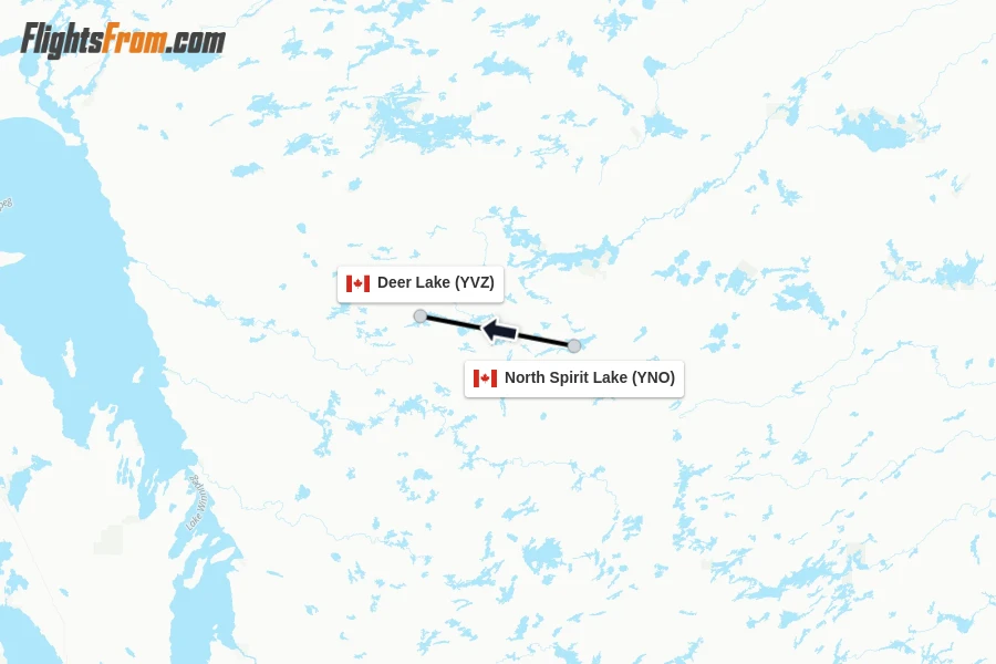 Flights from North Spirit Lake to Deer Lake route map