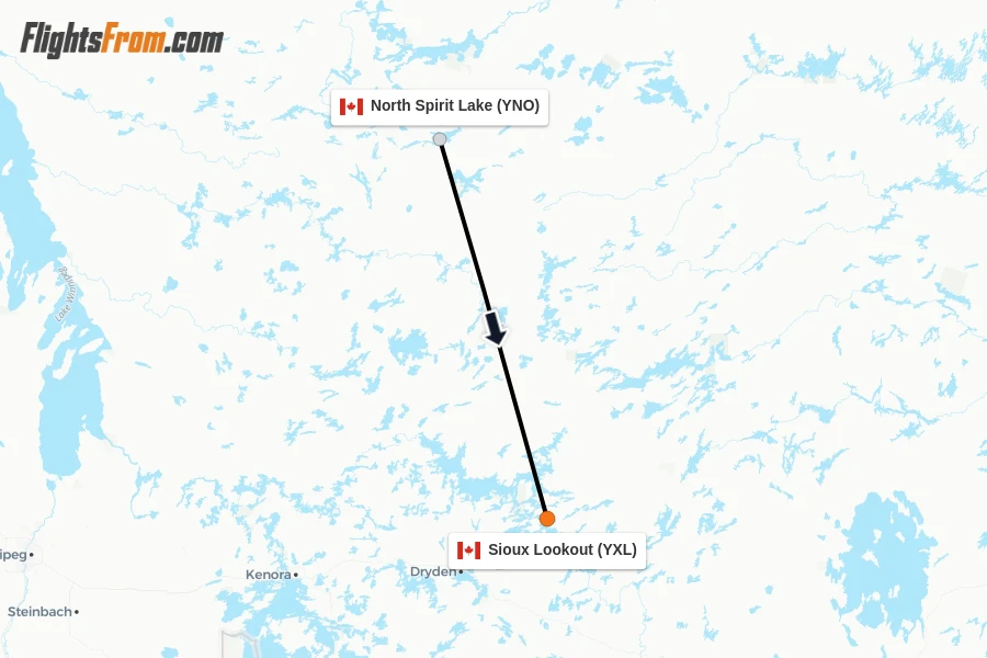 Flights from North Spirit Lake to Sioux Lookout route map