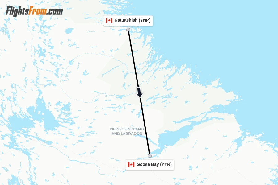Flights from Natuashish to Goose Bay route map