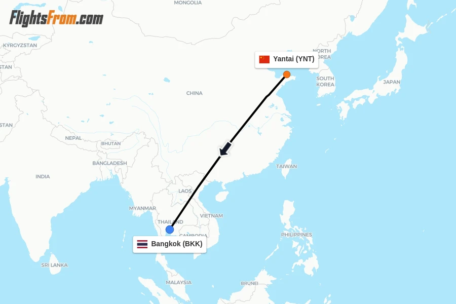 Flights from Yantai to Bangkok route map