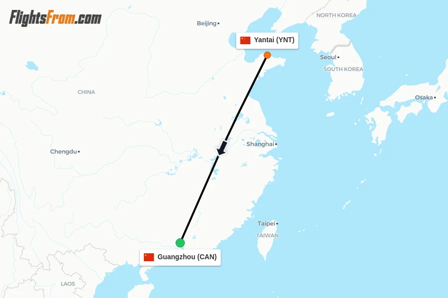 Flights from Yantai to Guangzhou route map