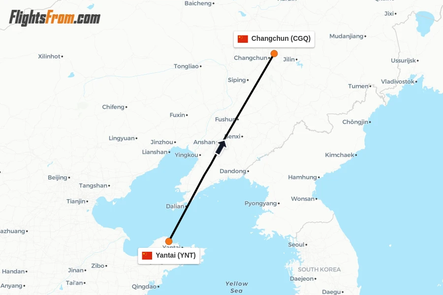 Flights from Yantai to Changchun route map