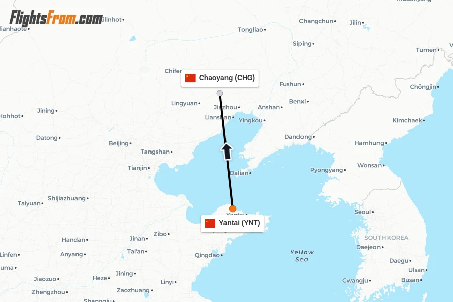 Flights from Yantai to Chaoyang route map