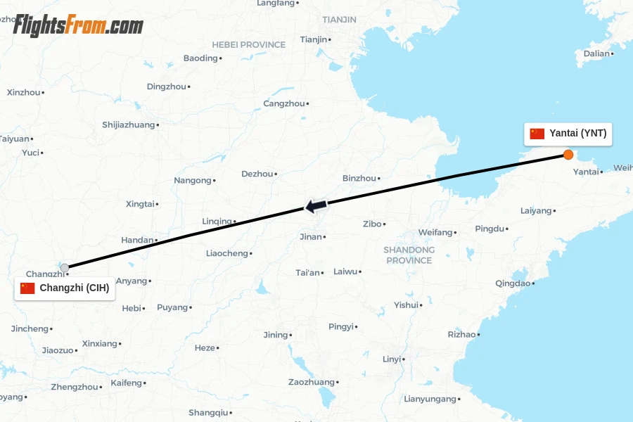 Flights from Yantai to Changzhi route map