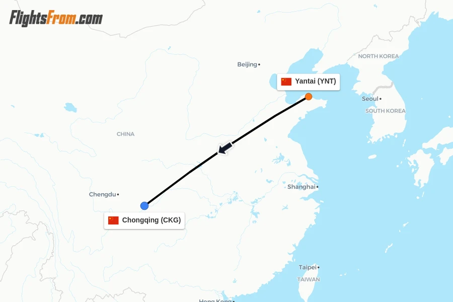 Flights from Yantai to Chongqing route map