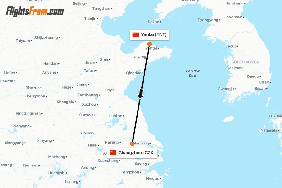 Flights from Yantai to Changzhou route map