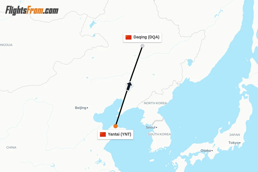 Flights from Yantai to Daqing route map