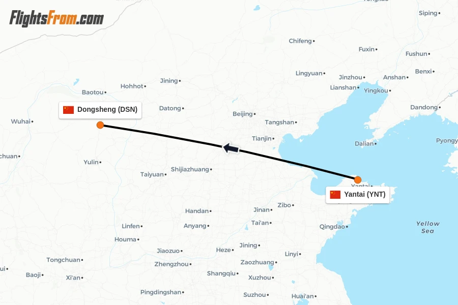 Flights from Yantai to Dongsheng route map