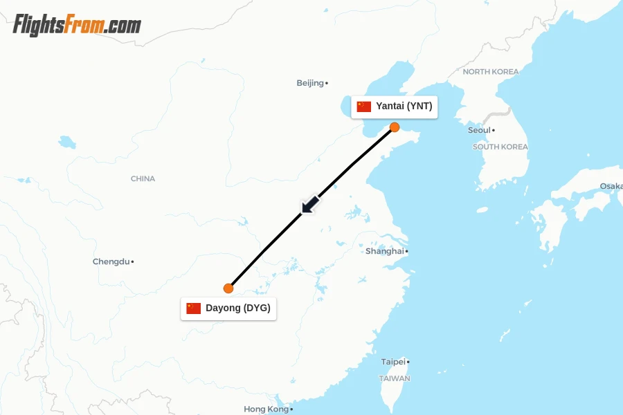Flights from Yantai to Dayong route map