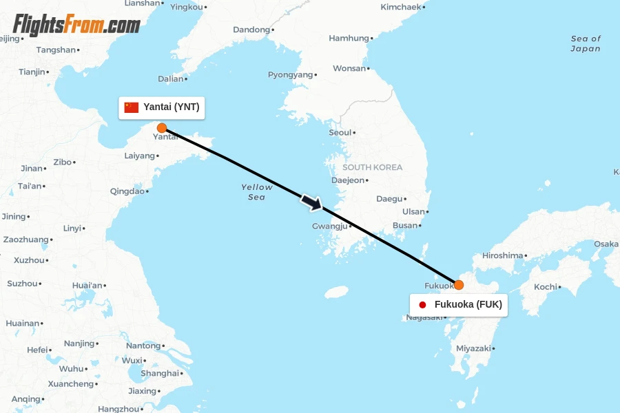 Flights from Yantai to Fukuoka route map