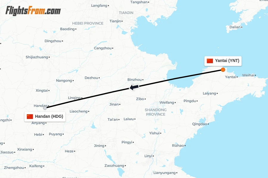 Flights from Yantai to Handan route map