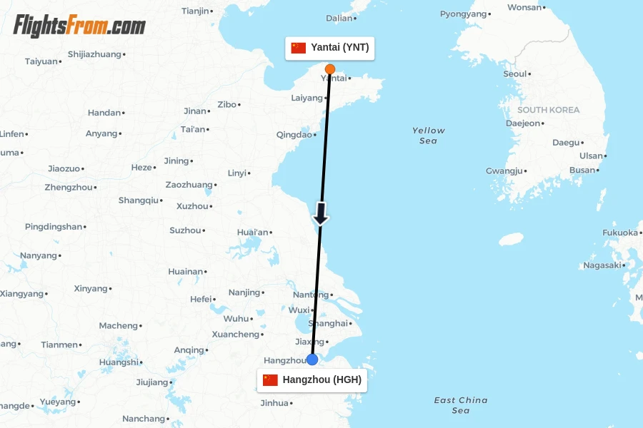 Flights from Yantai to Hangzhou route map