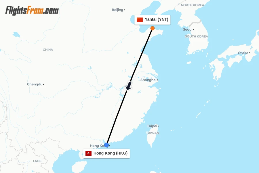 Flights from Yantai to Hong Kong route map