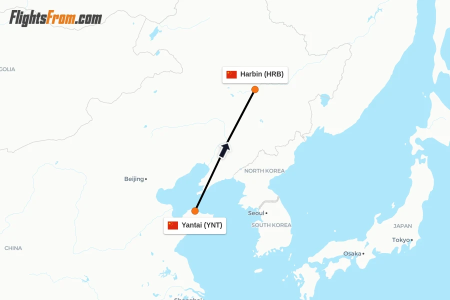 Flights from Yantai to Harbin route map