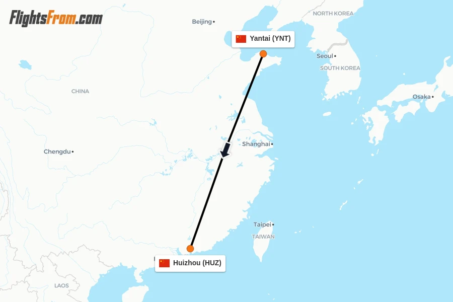 Flights from Yantai to Huizhou route map