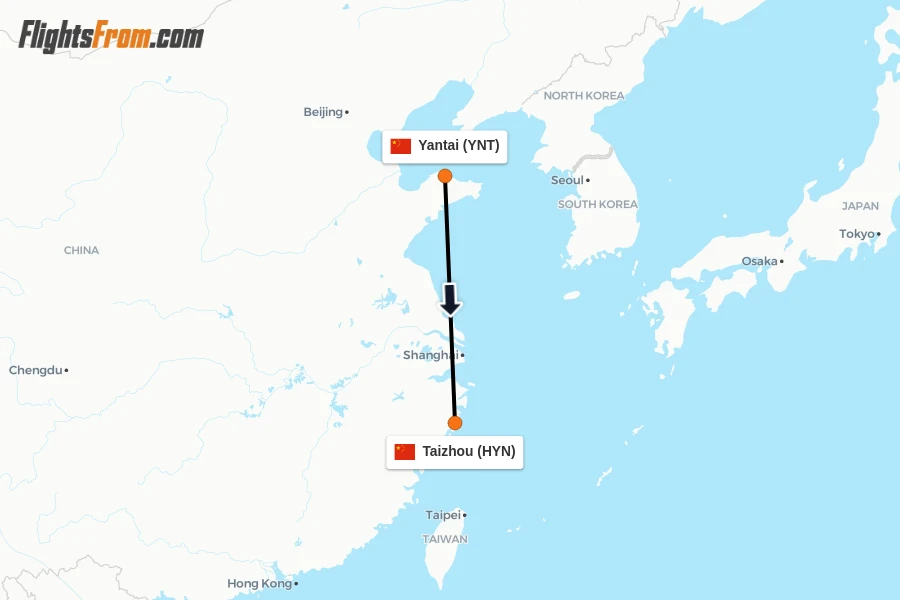 Flights from Yantai to Taizhou route map